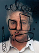 Portrait of artist Javier Mariscal partially obscured by a screen featuring bold black abstract and geometric shapes, creating a layered, illusionistic effect.